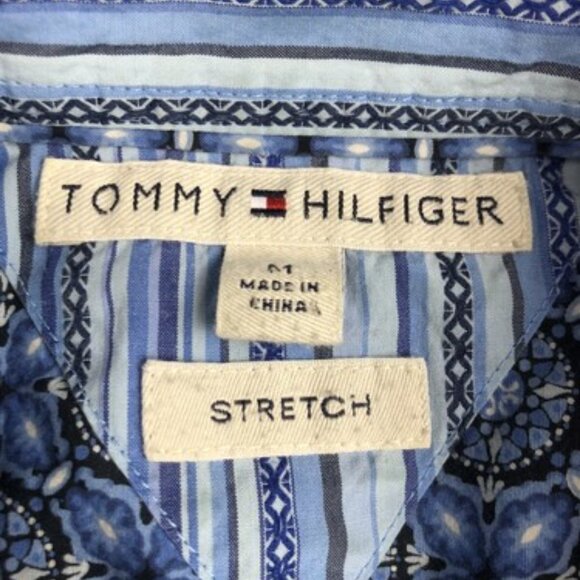 Tommy Hilfiger Boys Size Medium Long Sleeve Blue Button Up Shirt Geometric - Picture 2 of 9